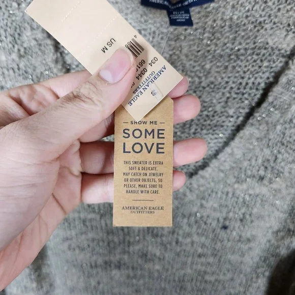 American Eagle Tunic Sweater Womens Beige Deep V Neck Knit Cottagecore Y2K New - Picture 4 of 15